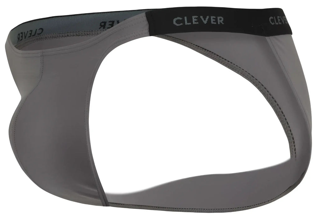 Gray clever 1867 tokio bikini briefs with black waistband and white clever logo lettering on front side