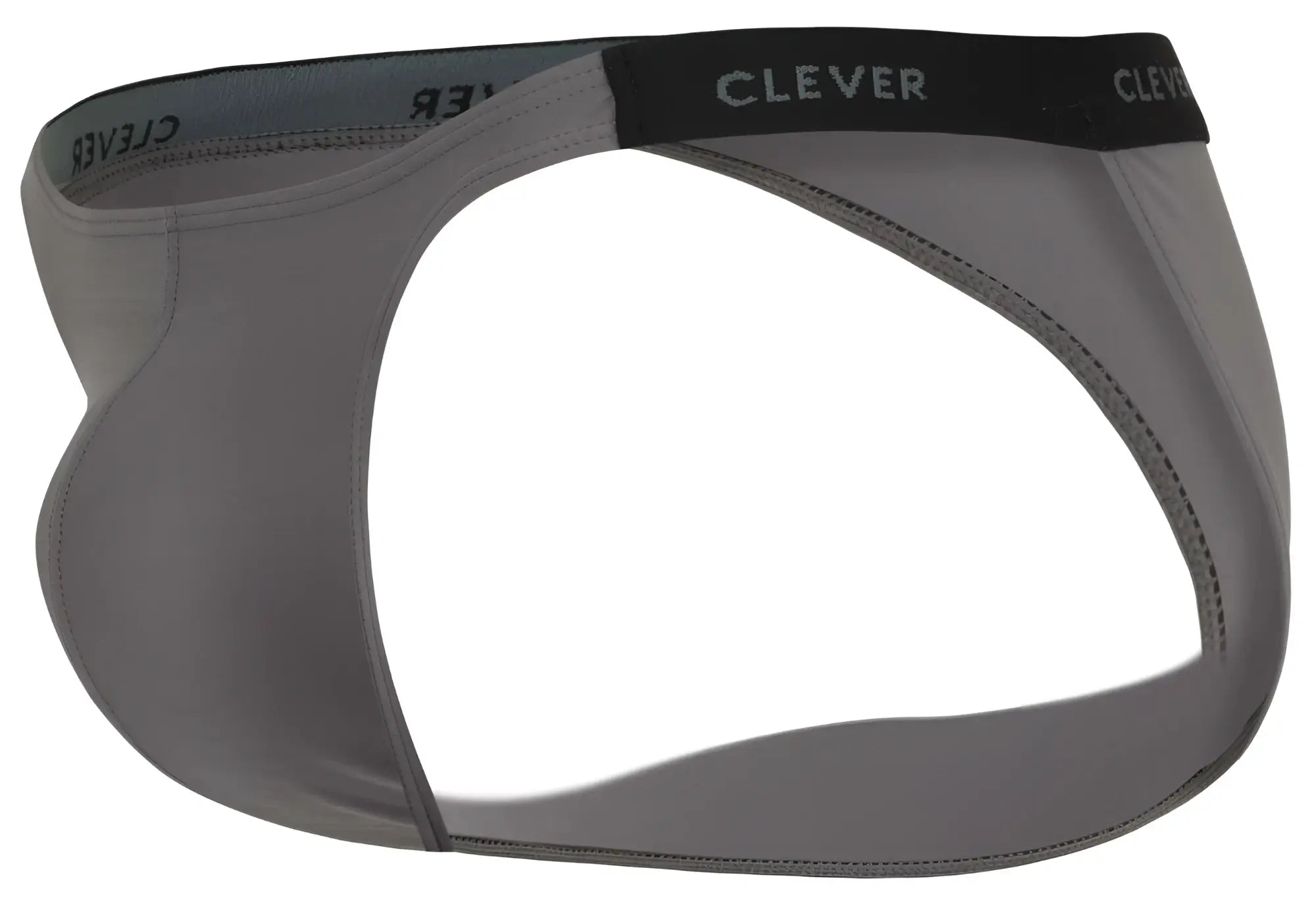 Gray clever 1867 tokio bikini briefs with black waistband and white clever logo lettering on front side