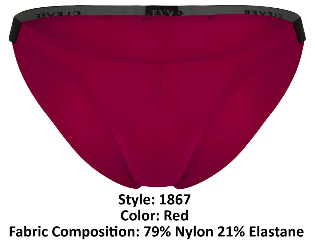 Red clever 1867 Tokio bikini briefs with black elastic waistband and white brand name print visible on the front