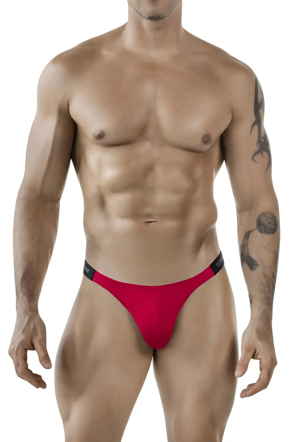 Red thong bikini with black elastic waistband featuring white cuter branding in clever 1867 tokio bikini color red