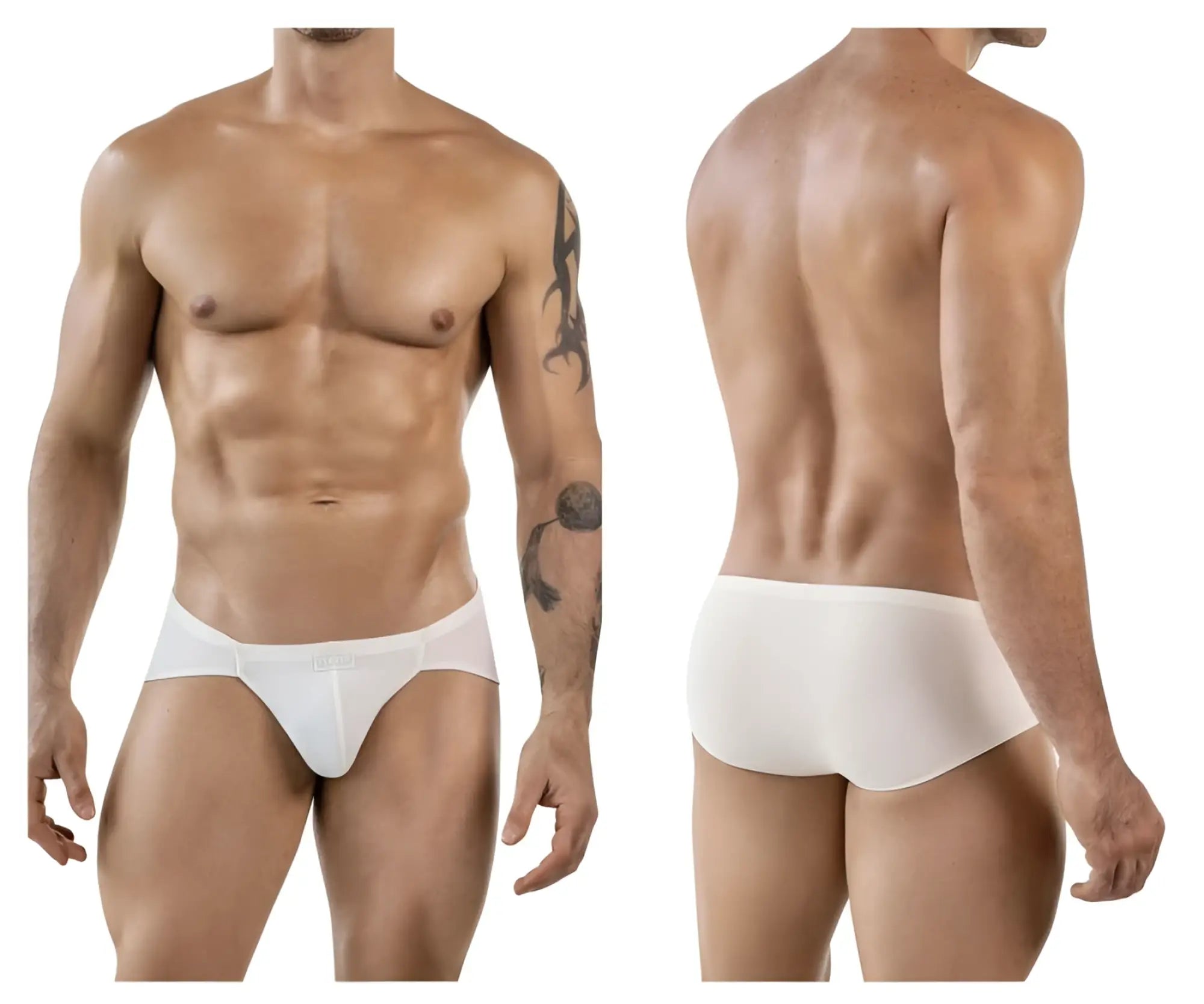 White men’s clever 1870 audaz bikini briefs in beige with smooth form-fitting design and subtle front closure