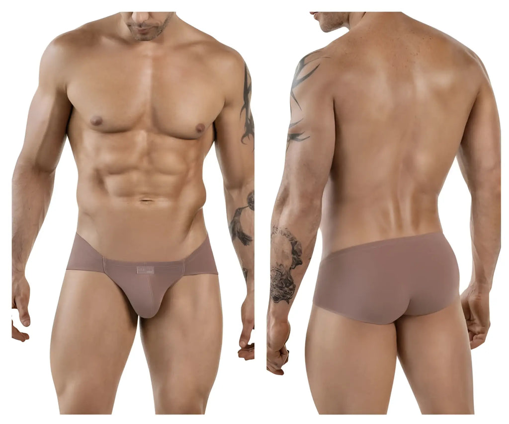 Tan clever 1870 audaz bikini briefs with smooth stretchy fabric and subtle brand tag at the waistband