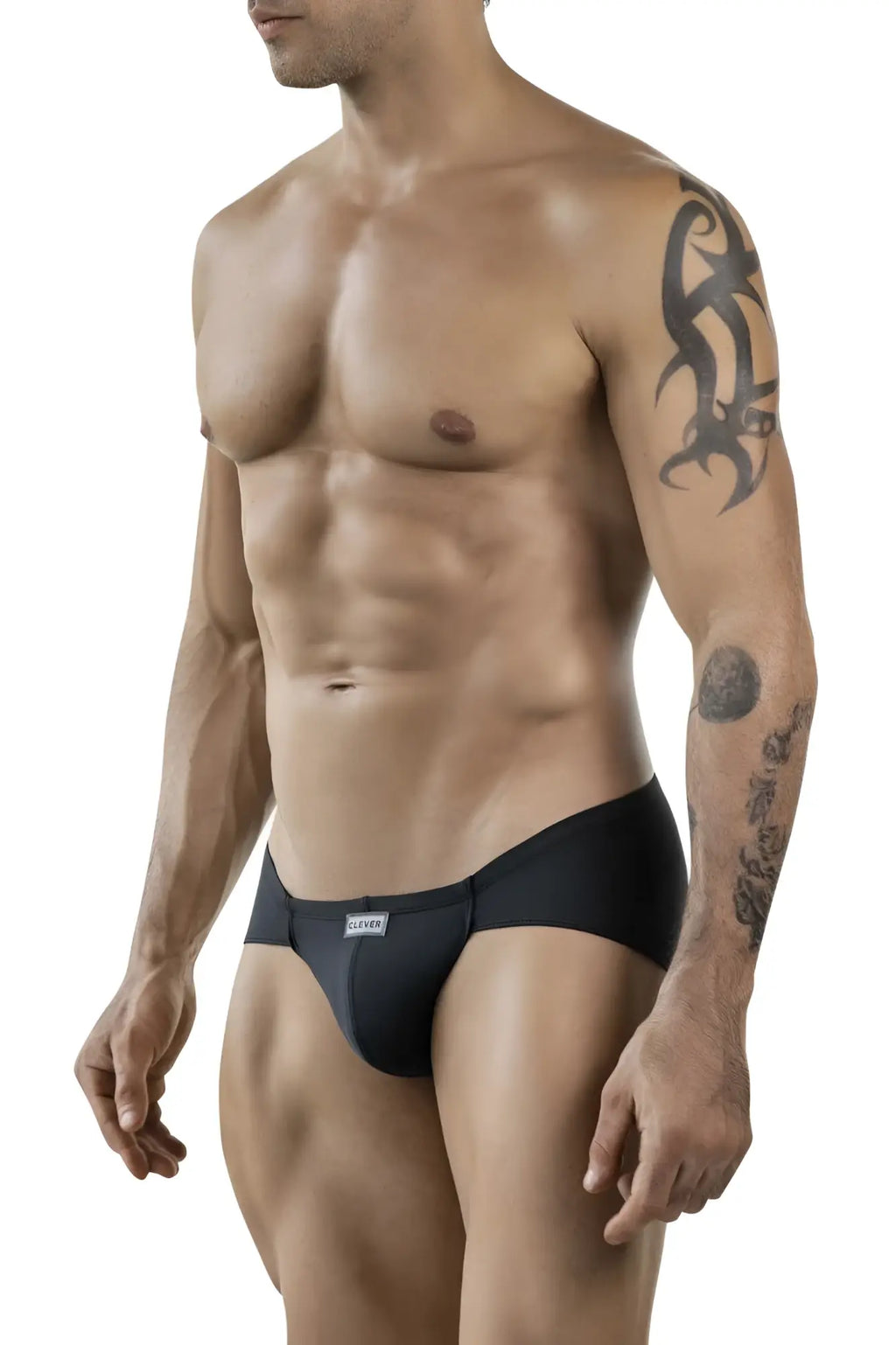 Black clever 1870 audaz bikini briefs with sleek form-fitting design and white brand tag on dark gray waistband