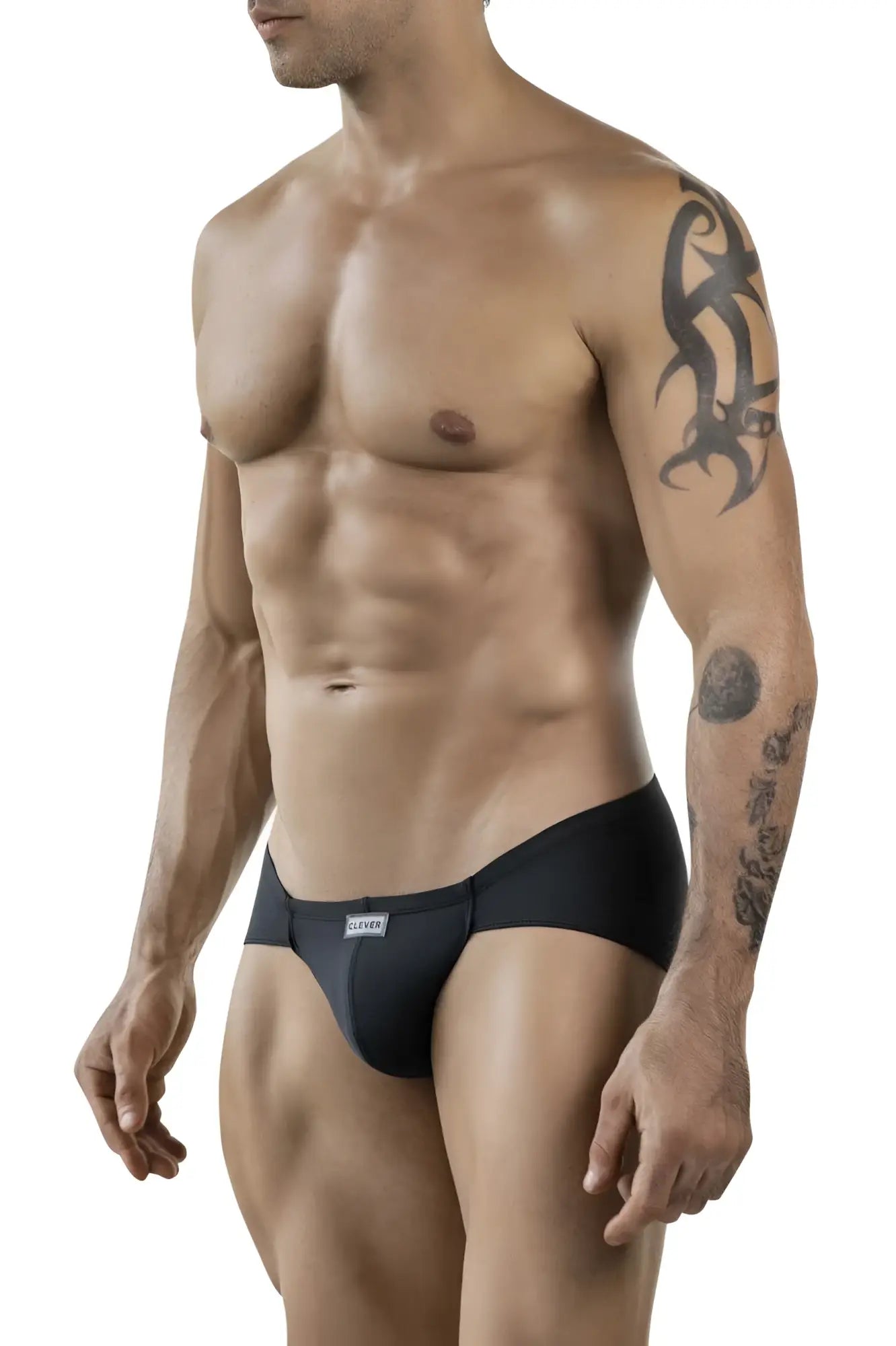 Black clever 1870 audaz bikini briefs with sleek form-fitting design and white brand tag on dark gray waistband