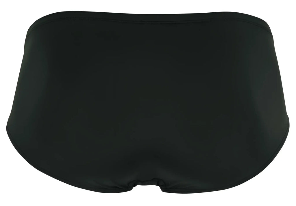 Black satin briefs clever 1870 audaz bikini in dark gray with a smooth sleek finish shown from the back side