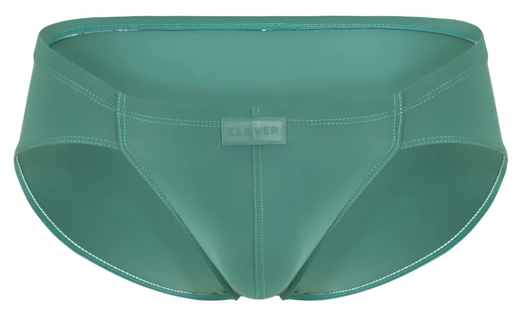Teal-colored sleek form-fitting swim trunks with subtle sheen from clever 1870 audaz bikini color green collection