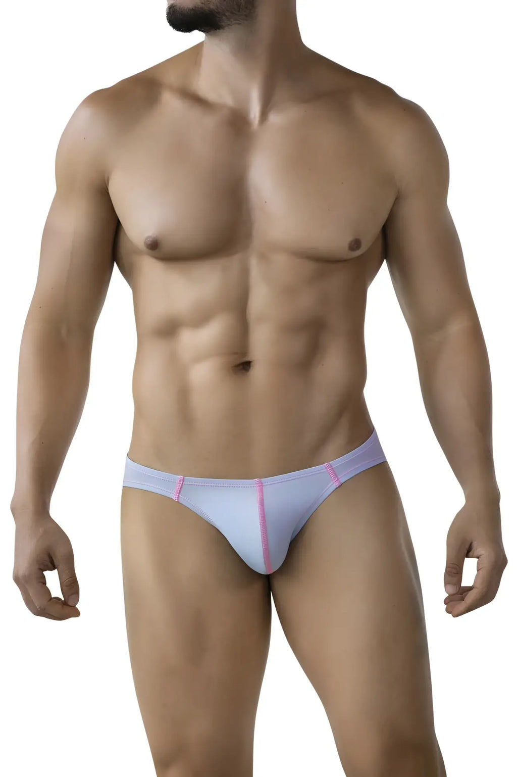 Light purple thong with pink trim from clever 2005 raices briefs in light blue color showing front view