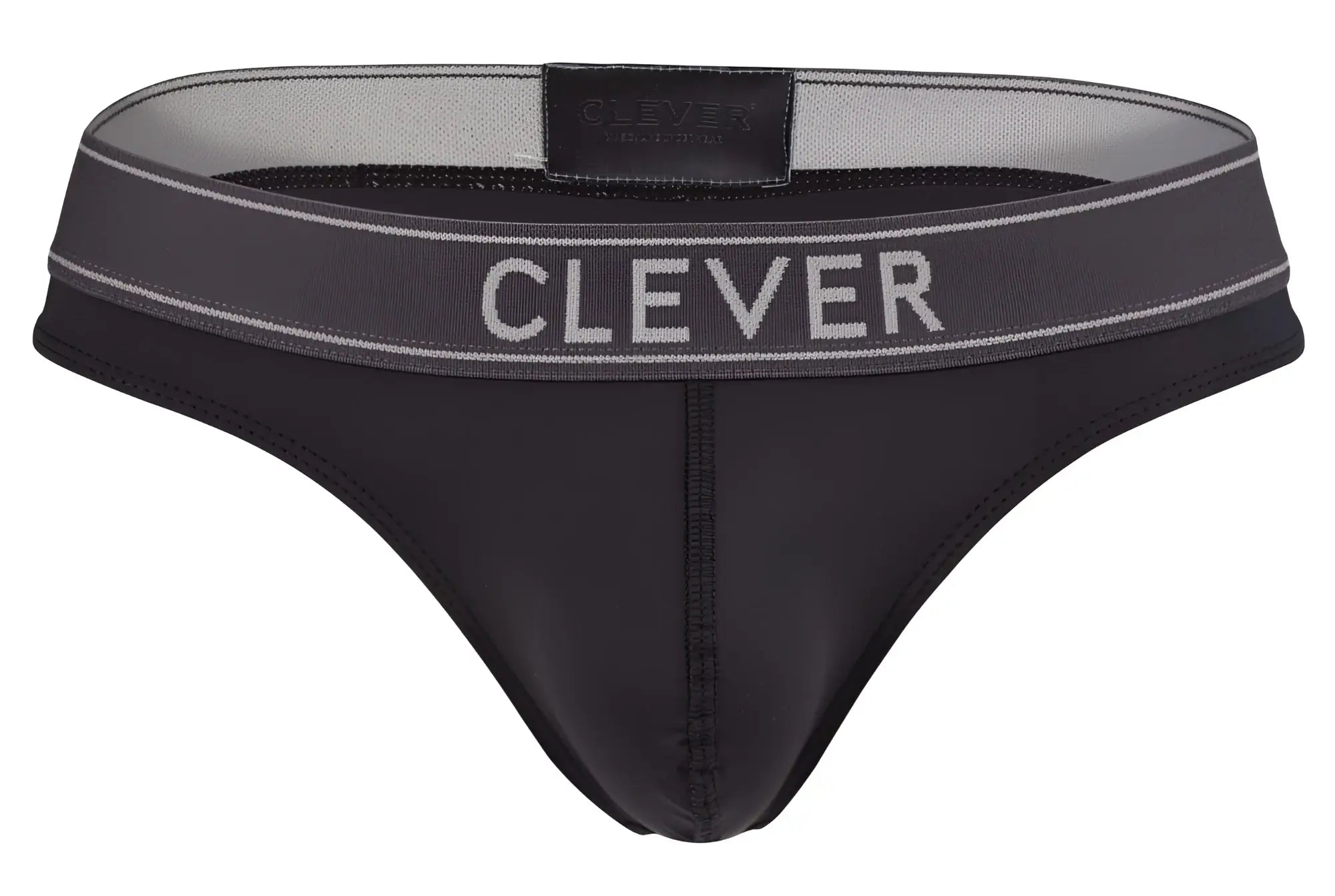 Black clever 2008 raw thong briefs with dark gray waistband white lettering and subtle stitching details visible from front