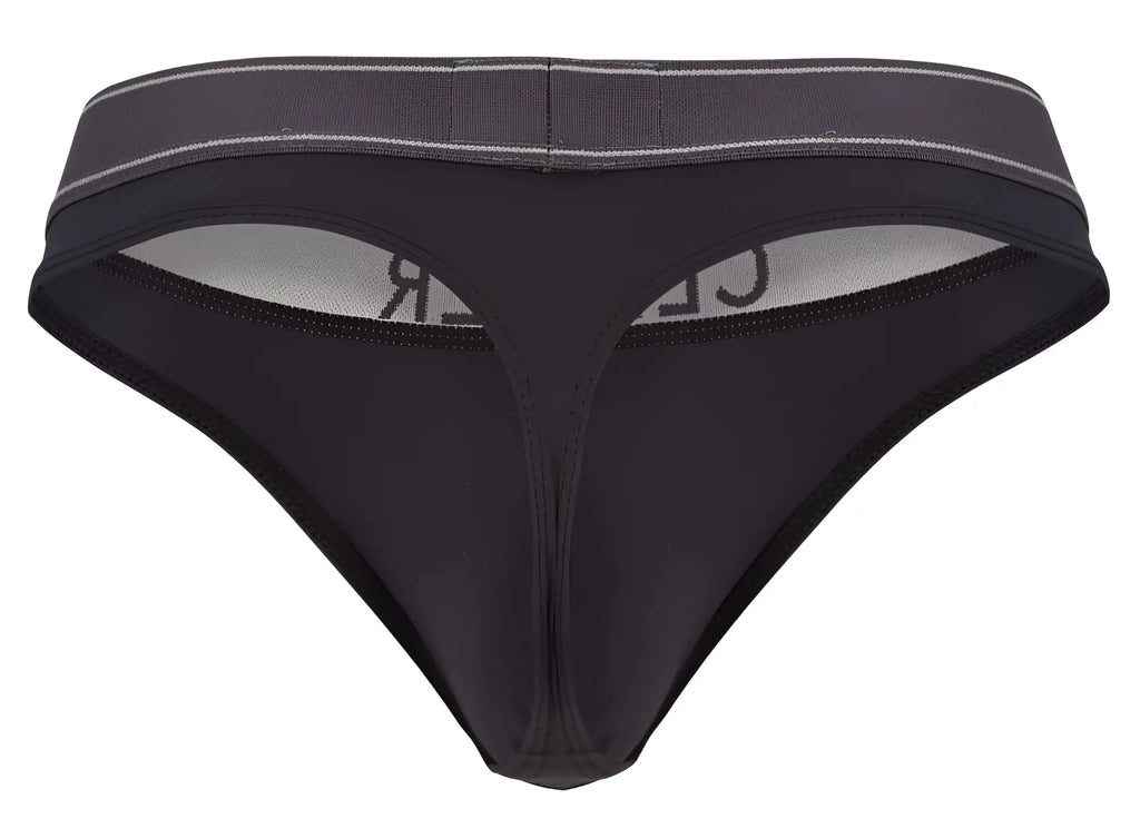 Black thong with gray waistband and subtle white stitching from clever 2008 raw thongs in dark gray color