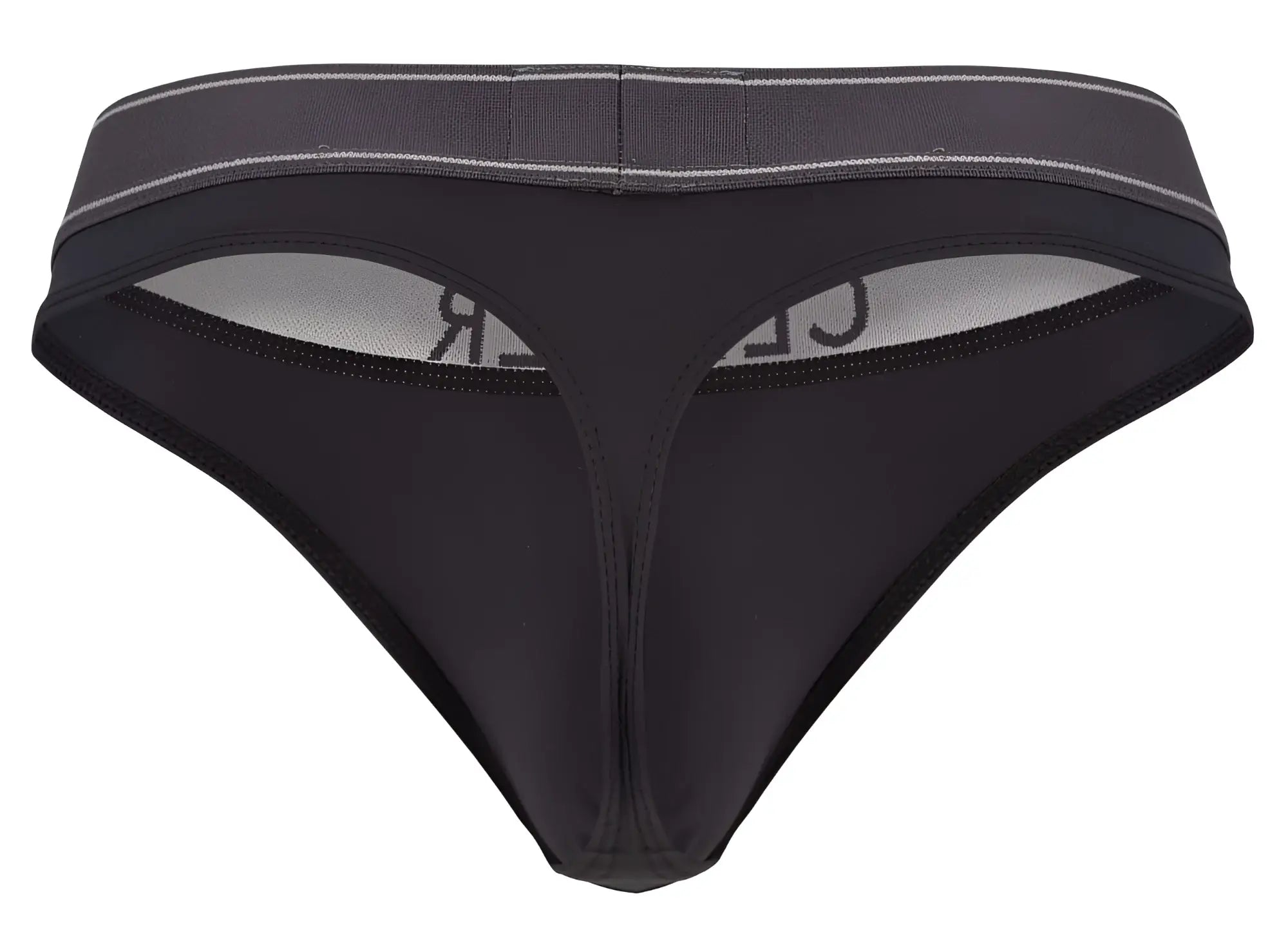 Black thong with gray waistband and subtle white stitching from clever 2008 raw thongs in dark gray color