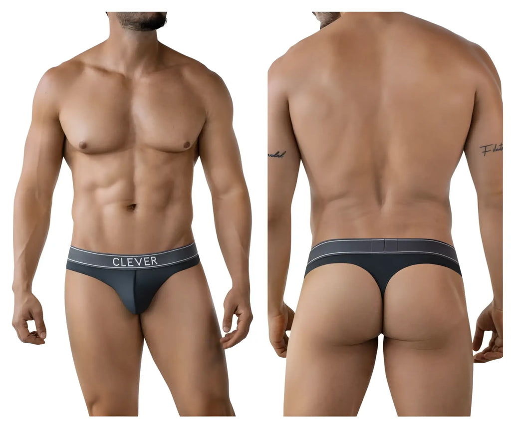 Dark gray clever 2008 raw thong briefs with lighter gray waistband featuring white clever brand name lettering