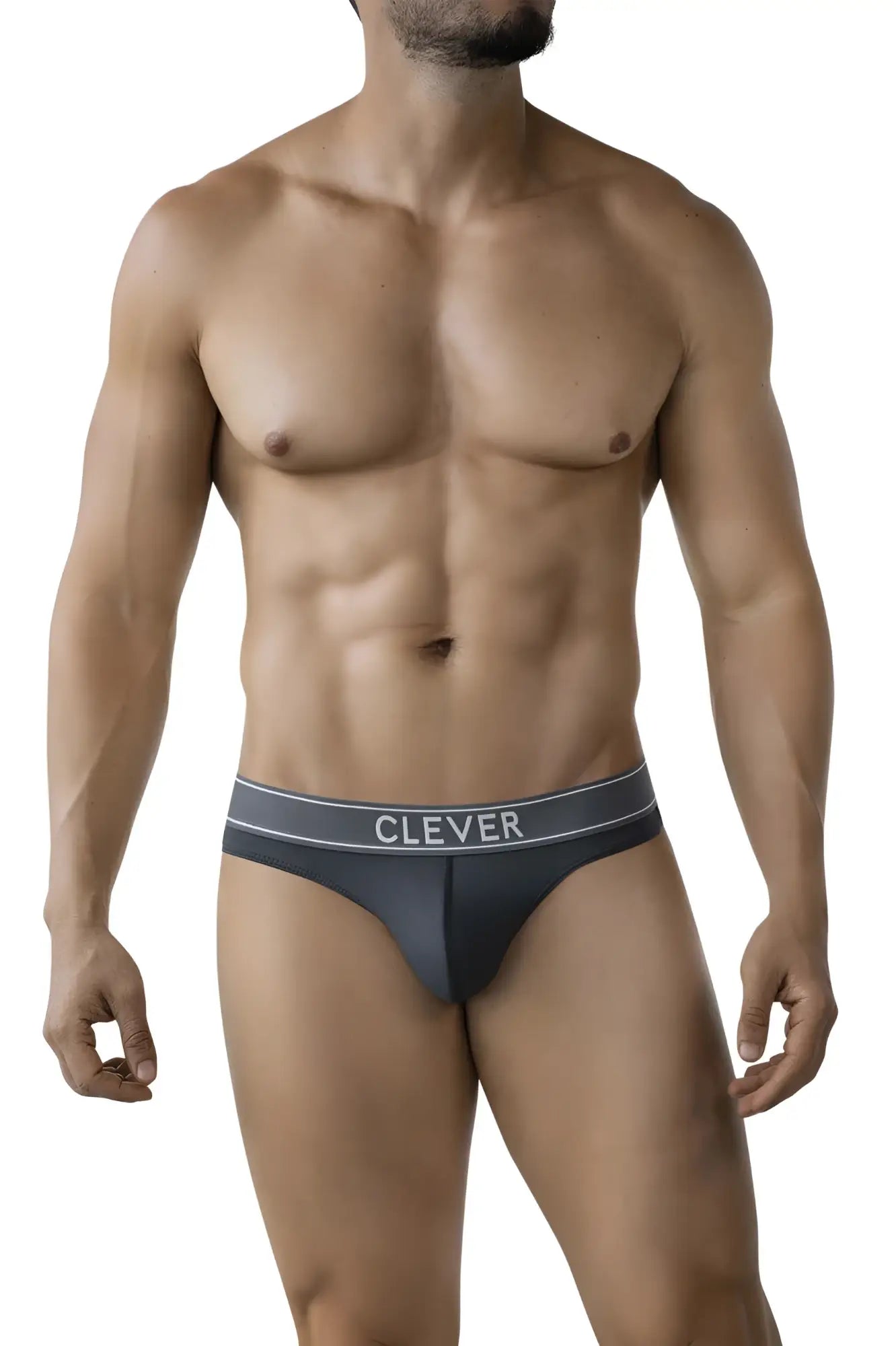 Dark gray clever 2008 raw thong briefs with lighter gray waistband featuring white clever brand name lettering