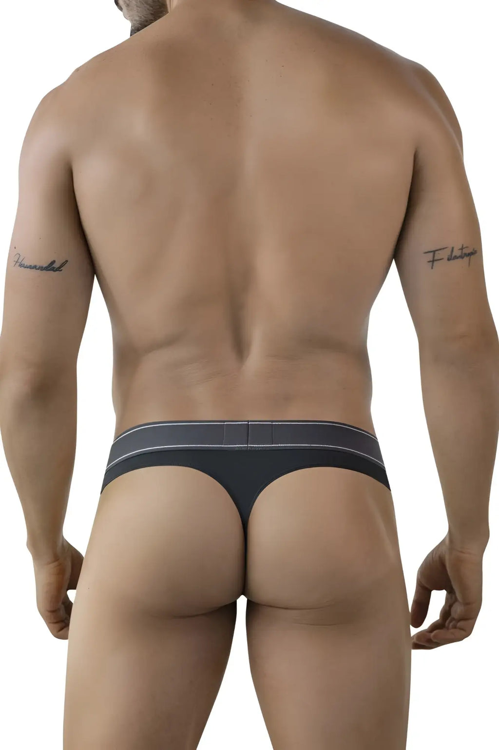 Dark gray clever 2008 raw thong featuring a contrasting light gray stripe on the waistband shown from the back side