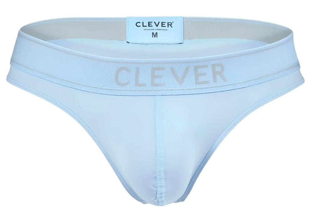 Light blue clever 2008 raw thongs with subtle gray logo and elastic waistband for comfortable men’s underwear