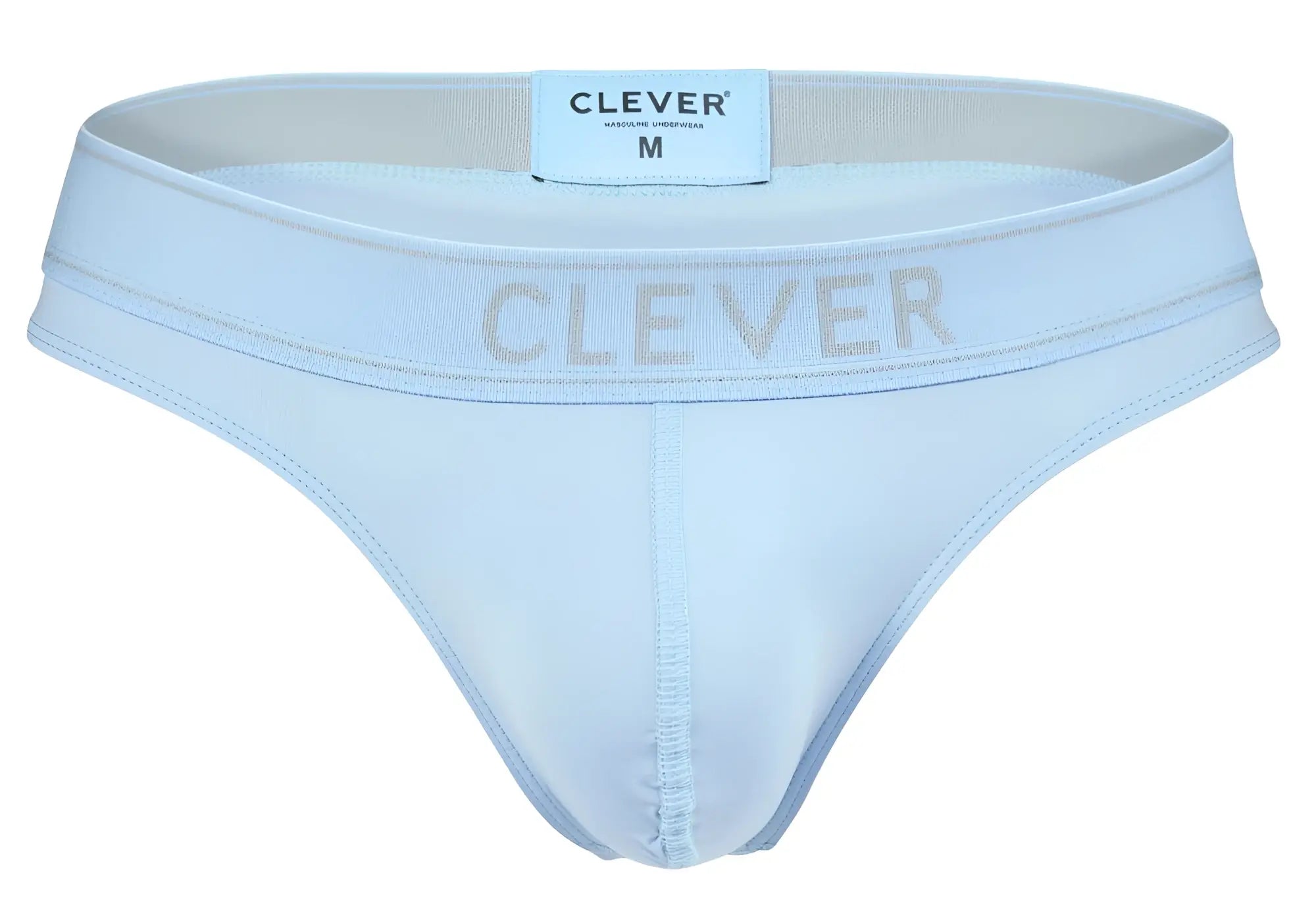 Light blue clever 2008 raw thongs with subtle gray logo and elastic waistband for comfortable men’s underwear