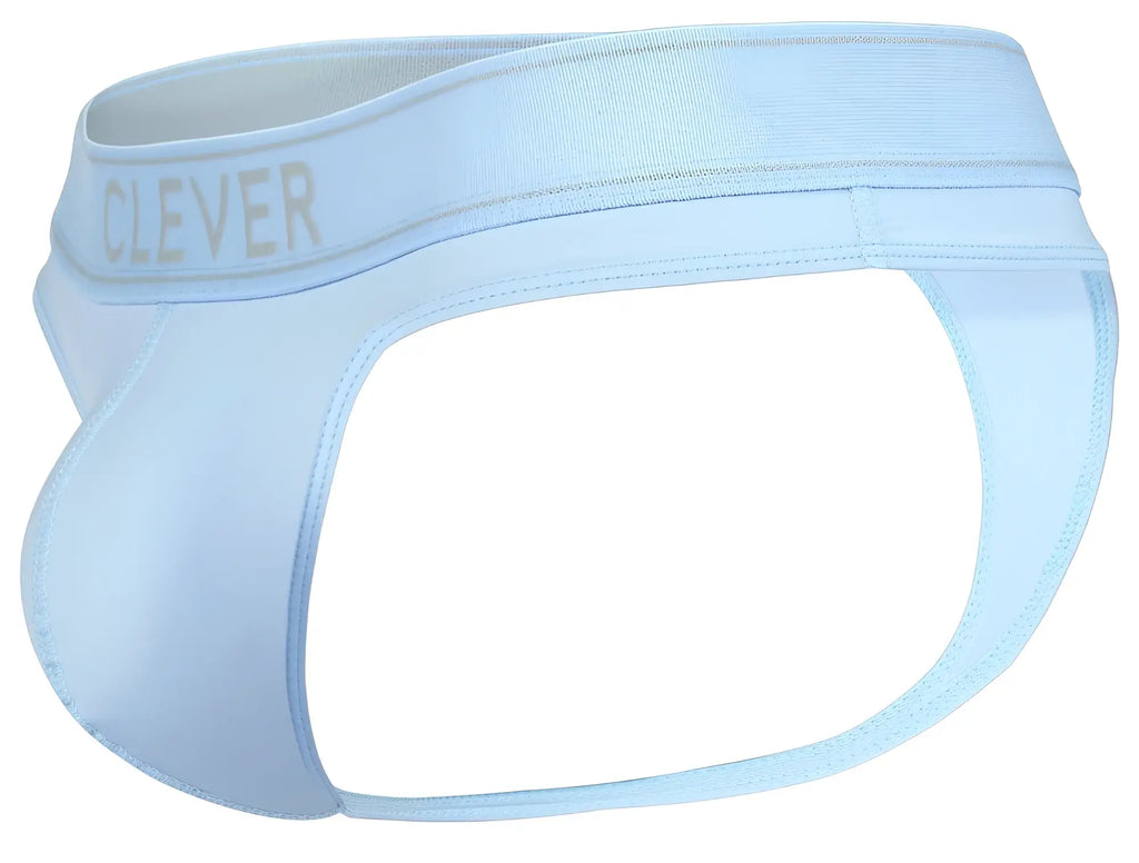 Light blue seamless fabric briefs with a subtle clever logo on the waistband from clever 2008 raw thongs collection
