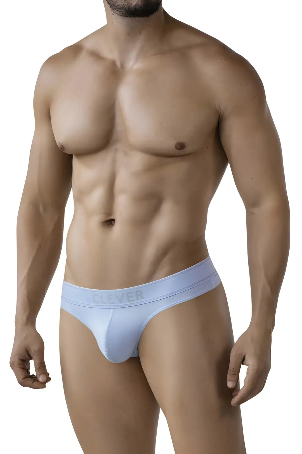 Light blue seamless Clever 2008 Raw thong briefs with subtle Clever logo on the waistband for comfortable wear