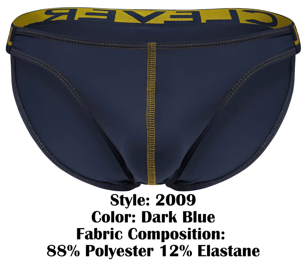 Dark blue clever 2009 earthskin bikini briefs with yellow waistband and gold stitching on the center seam