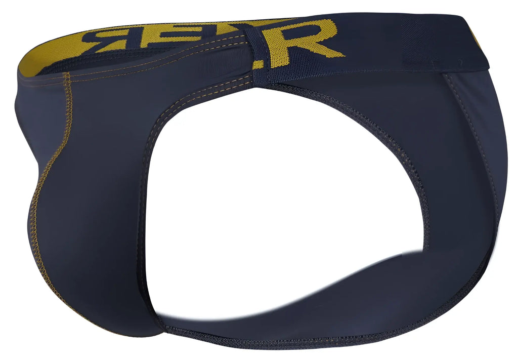 Dark navy blue athletic briefs with bold yellow r branding on the waistband clever 2009 earthskin bikini color dark blue