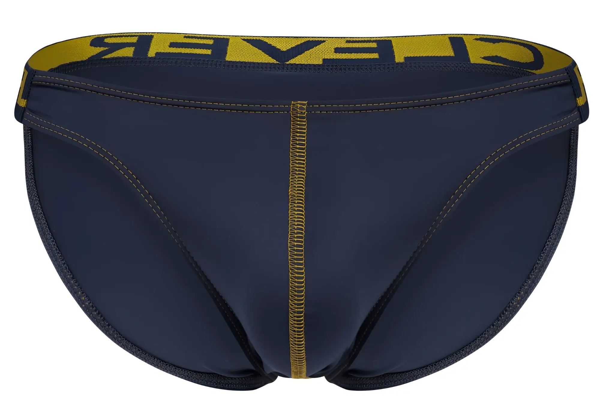 Navy blue clever 2009 earthskin bikini with bold yellow waistband and matching yellow stitching along seams