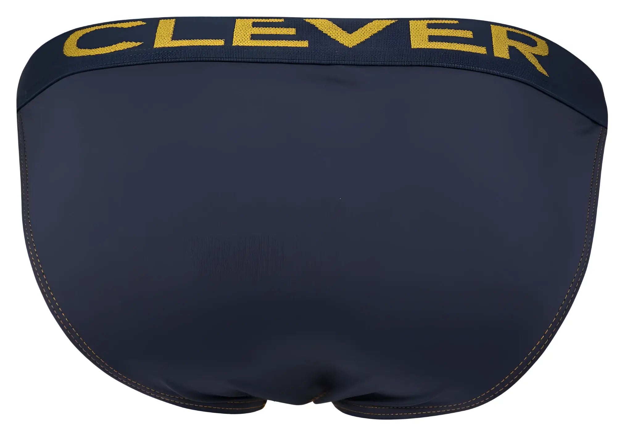 Navy blue clever 2009 earthskin bikini swim trunks with gold clever branding on waistband in dark blue color