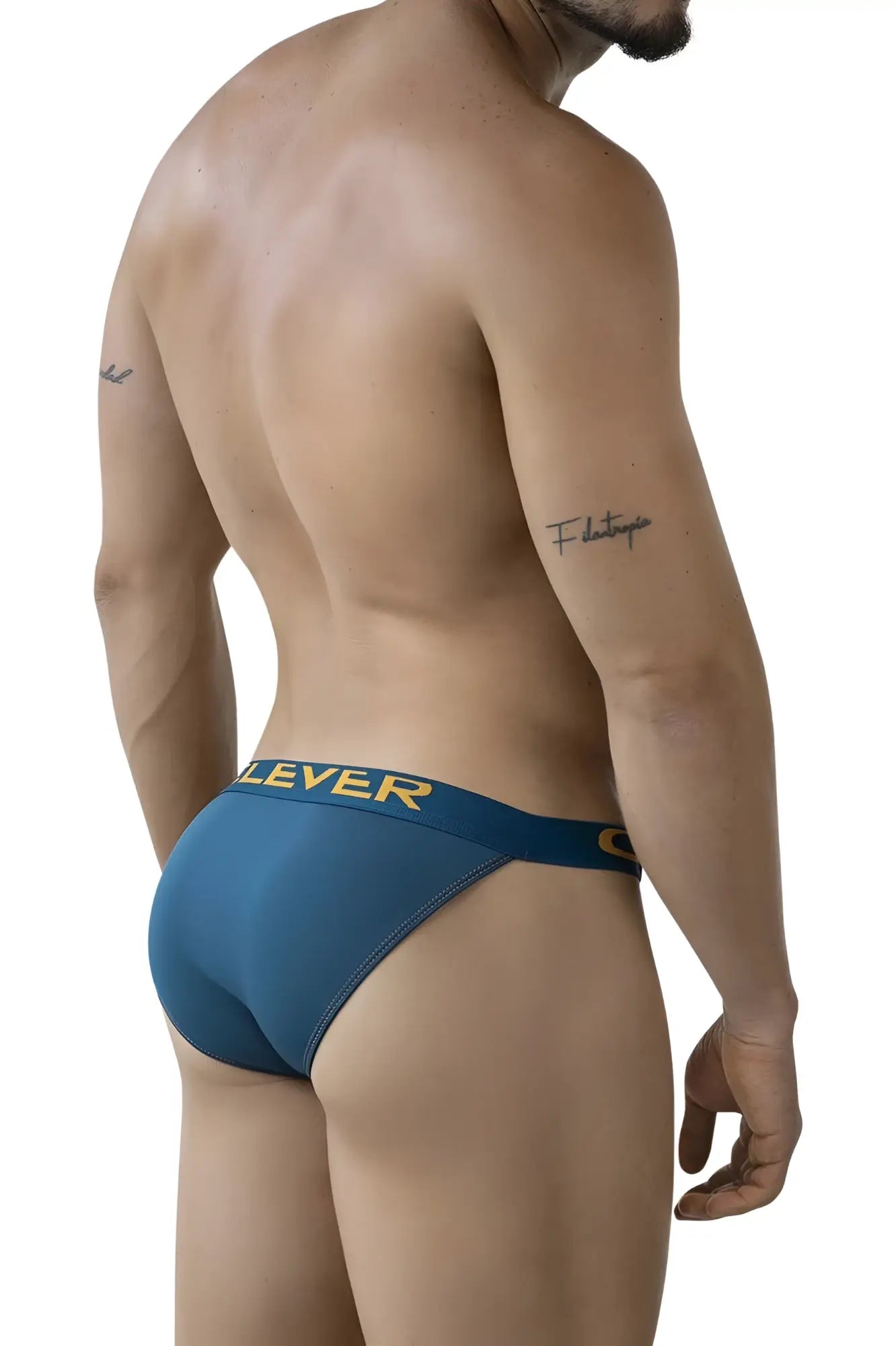 Blue athletic briefs with yellow clever logo and emblem on waistband from clever 2009 earthskin bikini petrol green