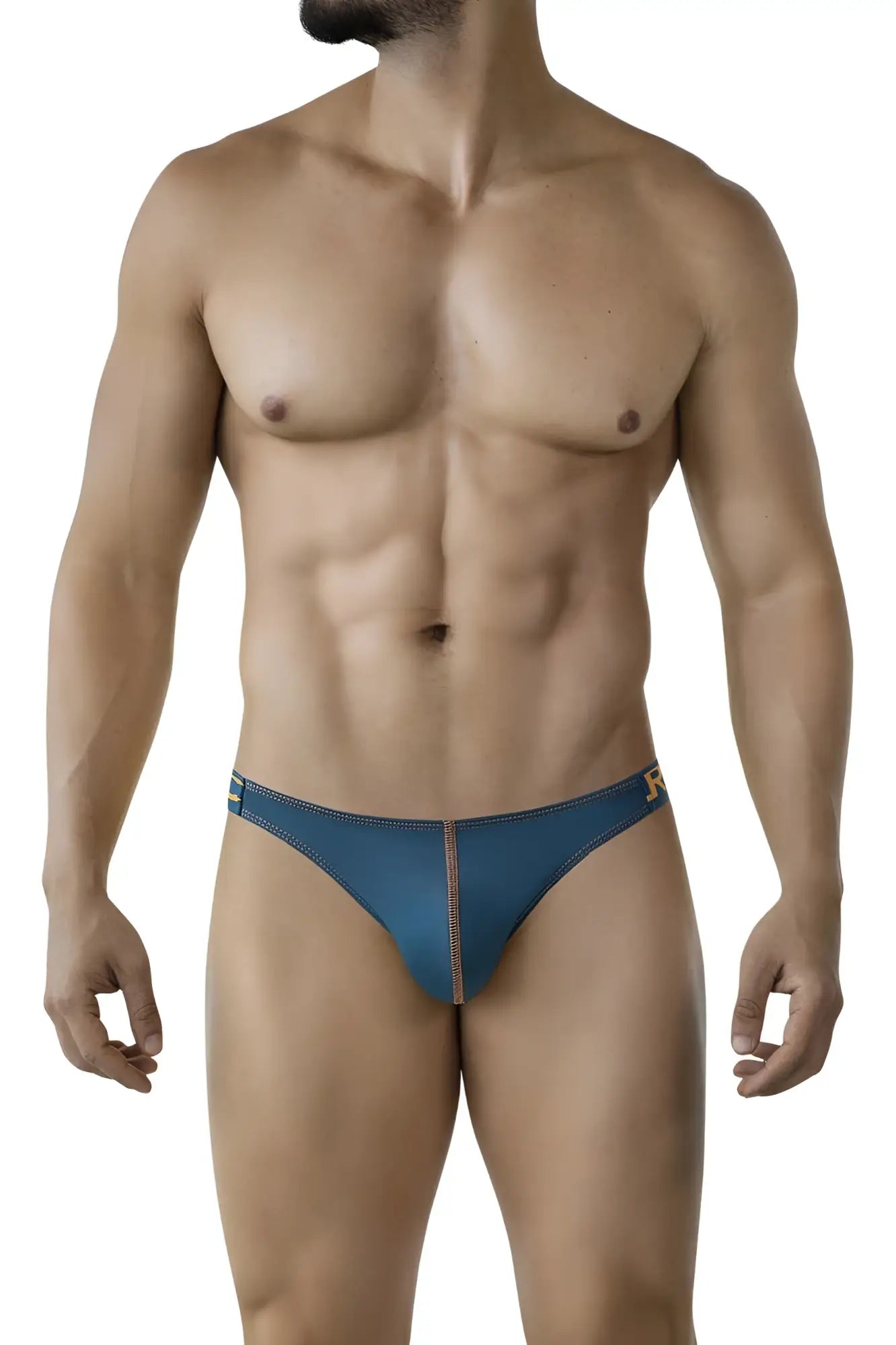 Blue leather briefs with a subtle gold logo on the side from clever 2009 earthskin bikini color petrol green