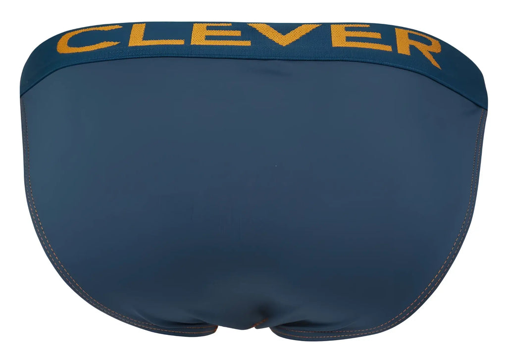Dark blue clever 2009 earthskin bikini briefs with contrasting yellow clever logo on waistband in petrol green color