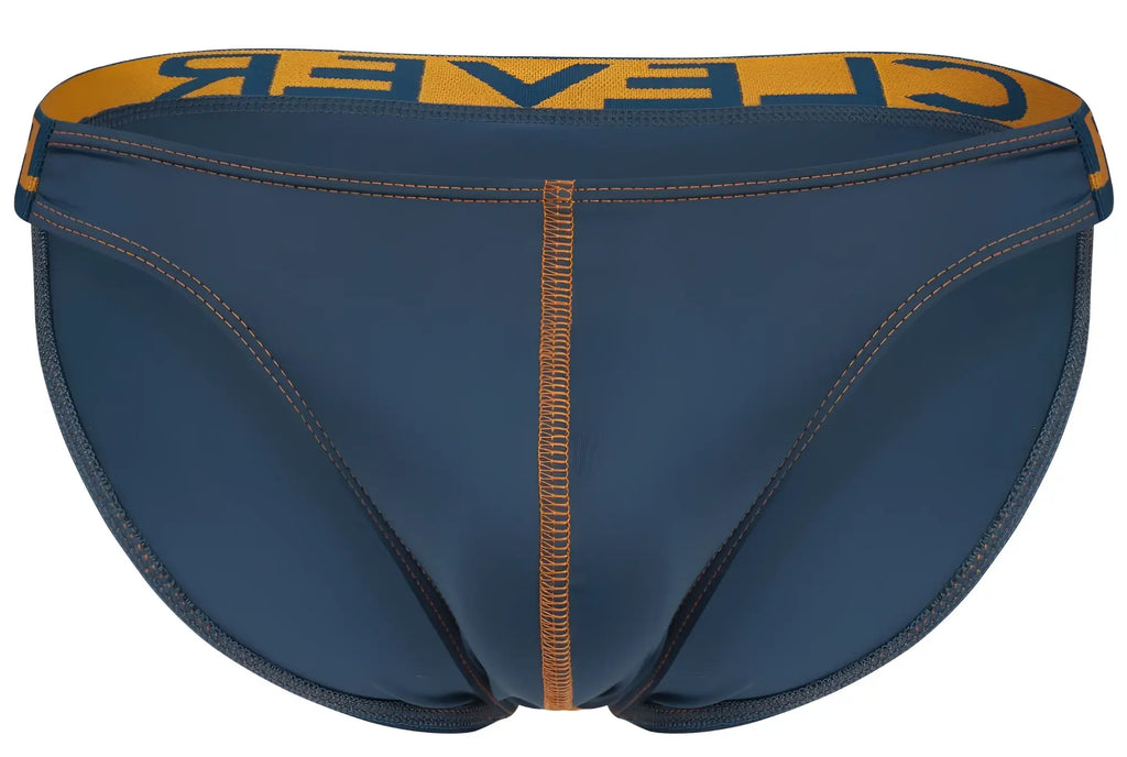 Navy blue briefs with orange waistband featuring clever logo in black from the clever 2009 earthskin bikini petrol green line