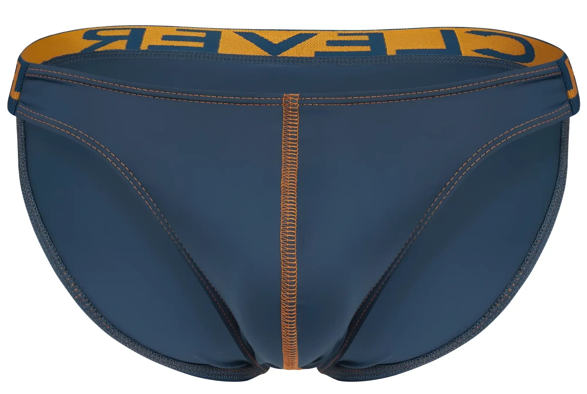 Navy blue briefs with orange waistband featuring clever logo in black from the clever 2009 earthskin bikini petrol green line