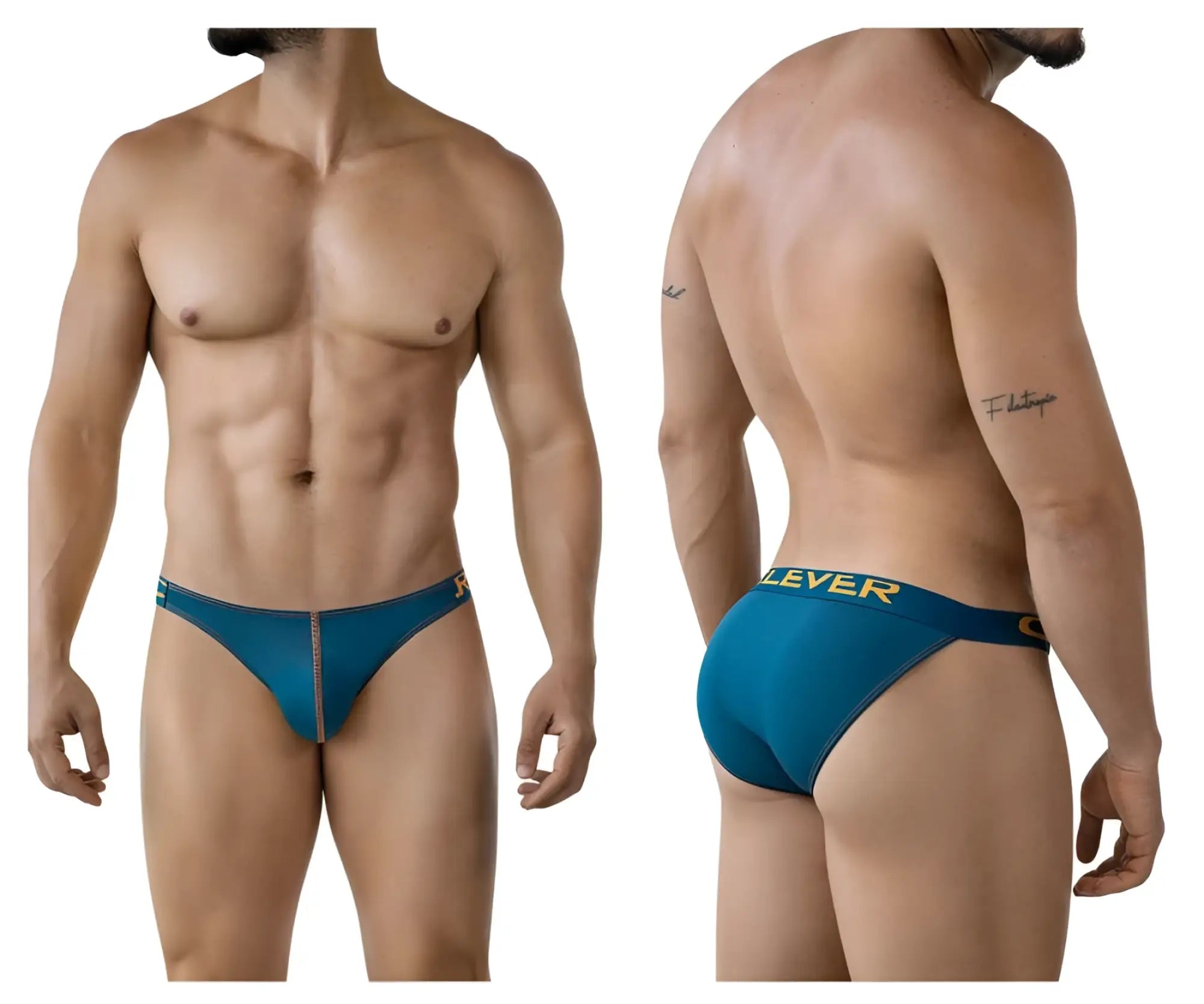 Teal-colored clever 2009 earthskin bikini briefs with subtle texture and gold lettering on the waistband