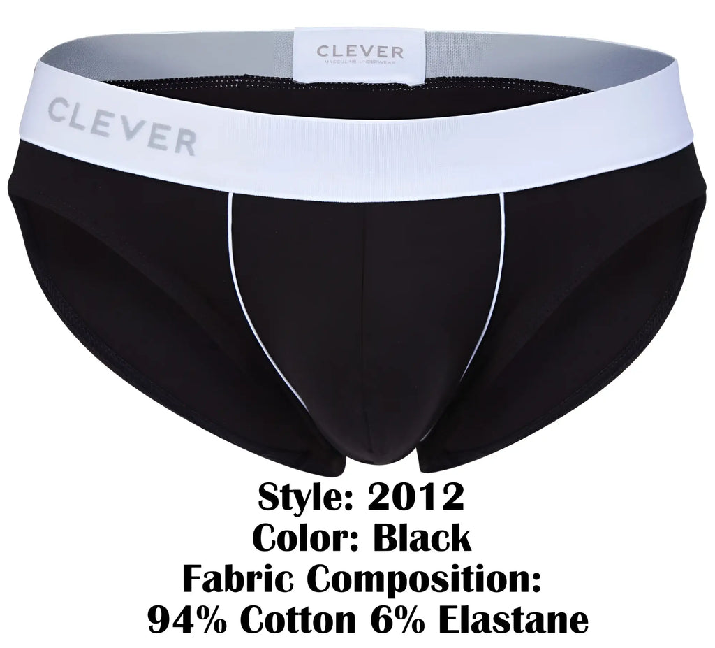 Black clever 2012 origen briefs with white waistband gray lettering and subtle white side stitching in black fabric