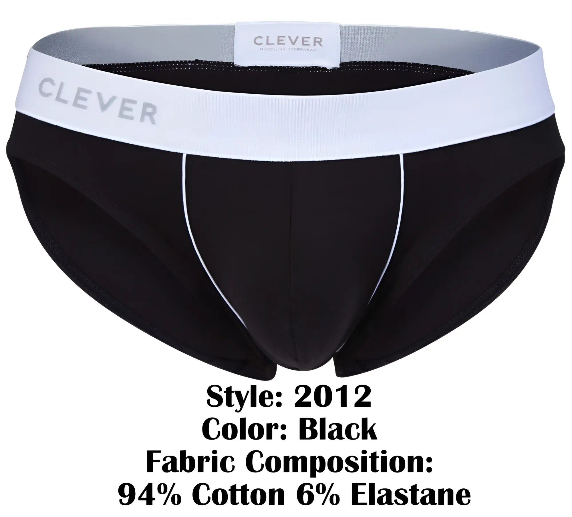 Black clever 2012 origen briefs with white waistband gray lettering and subtle white side stitching in black fabric