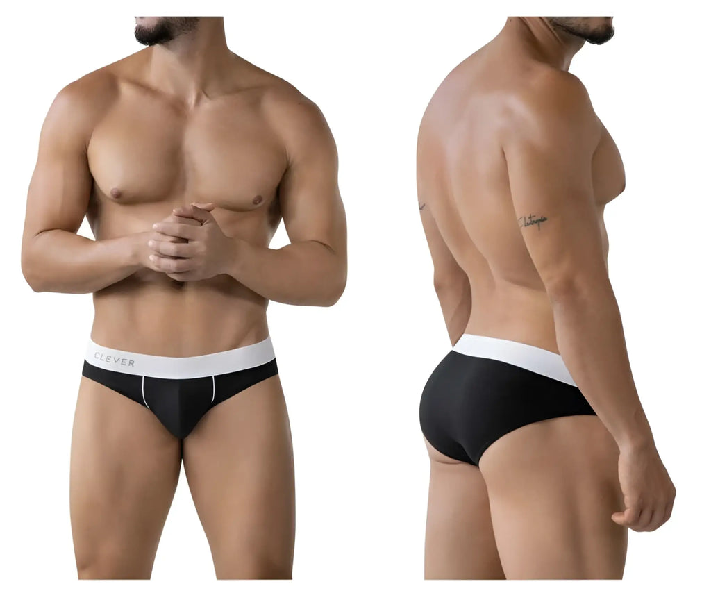 Clever 2012 origen briefs in black with a white waistband featuring clever brand name in black lettering