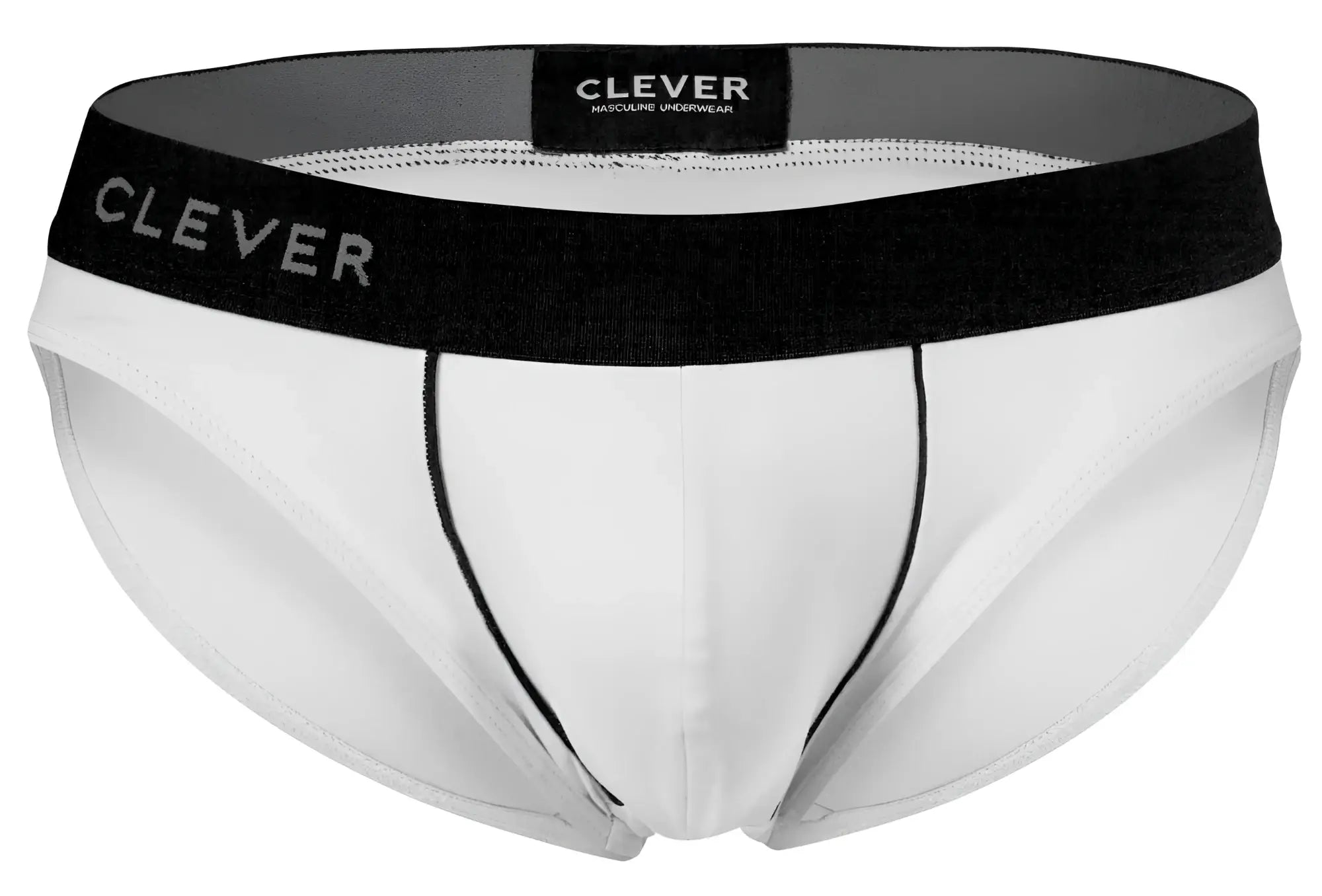 White clever 2012 origen briefs with black elastic waistband and gray logo lettering in white cotton fabric