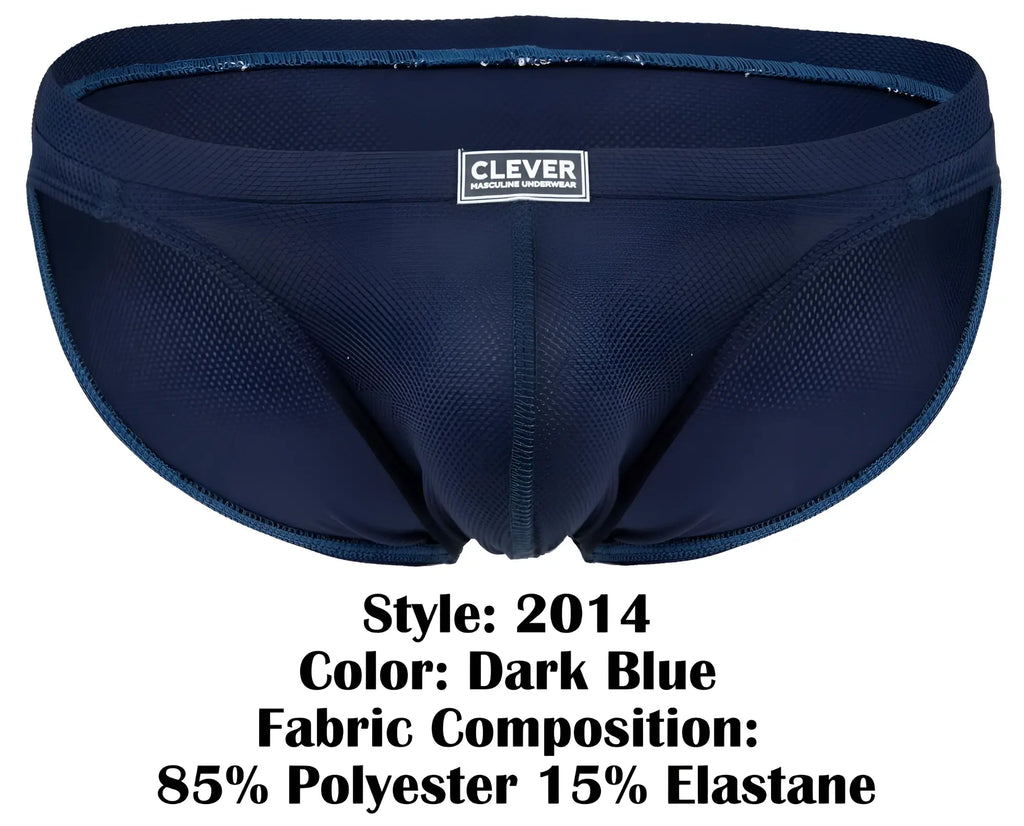 Dark blue clever 2014 reto men’s briefs made with mesh fabric blend of 85% polyester and 15% elastane