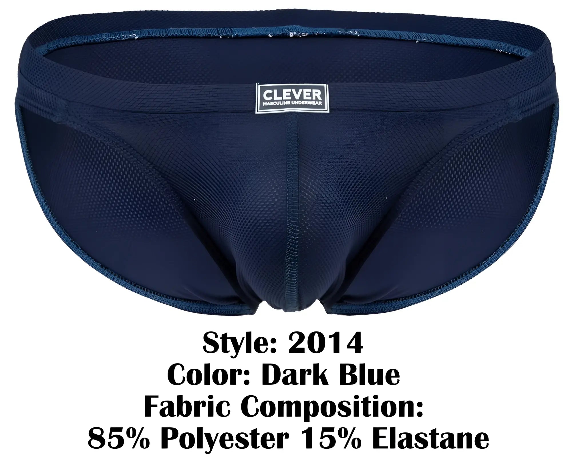 Dark blue clever 2014 reto men’s briefs made with mesh fabric blend of 85% polyester and 15% elastane