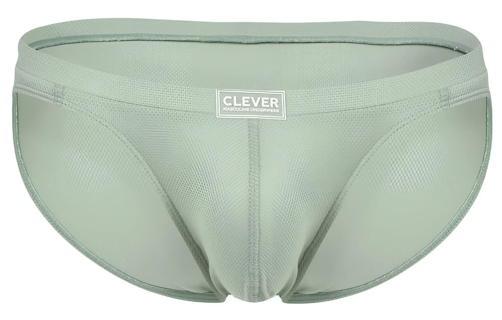 A sleek light sage green clever 2014 reto men’s brief with smooth textured fabric and subtle stitching details