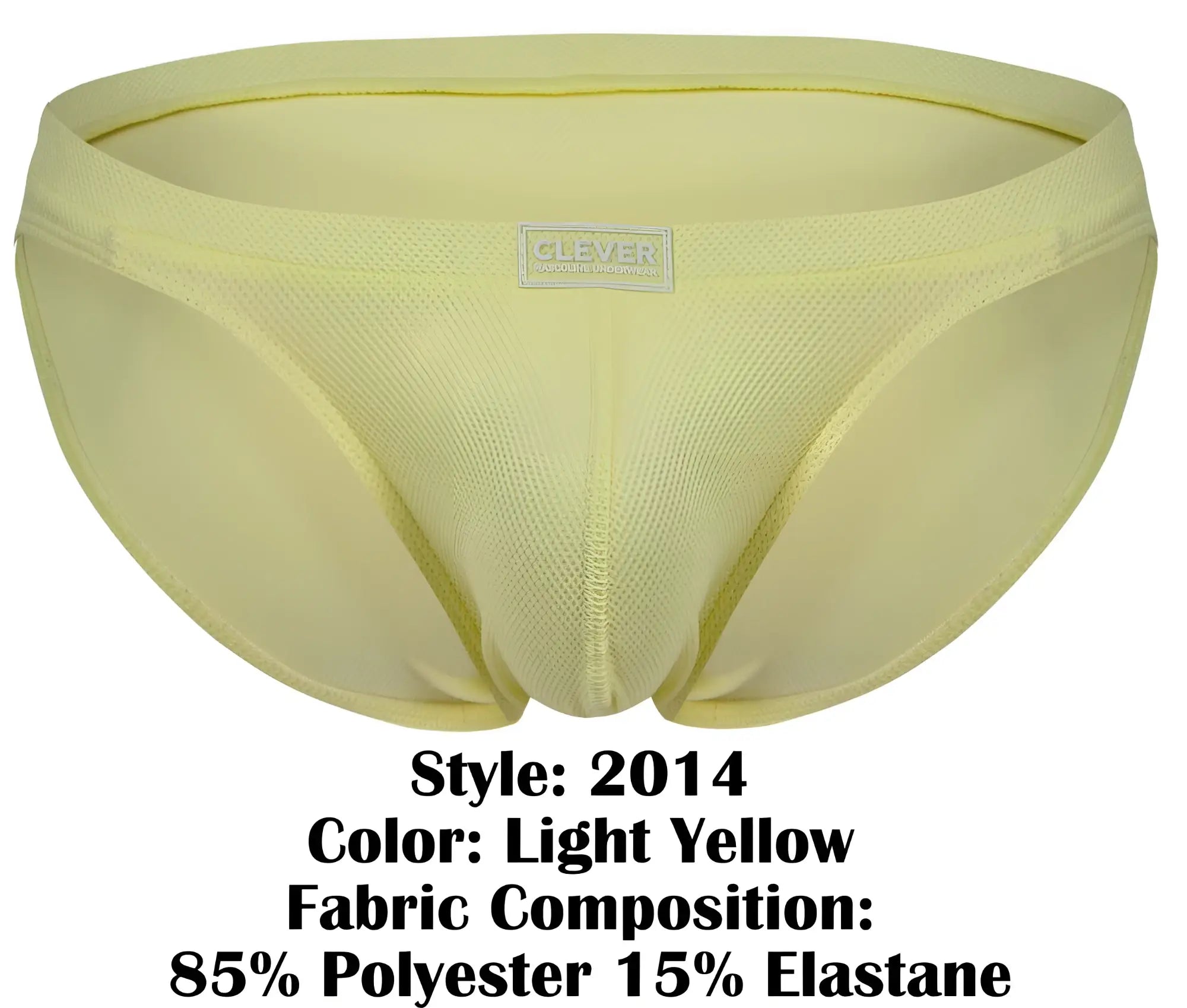 Light yellow Clever 2014 Reto briefs made of 85% polyester 15% elastane with a subtle textured weave and branded label