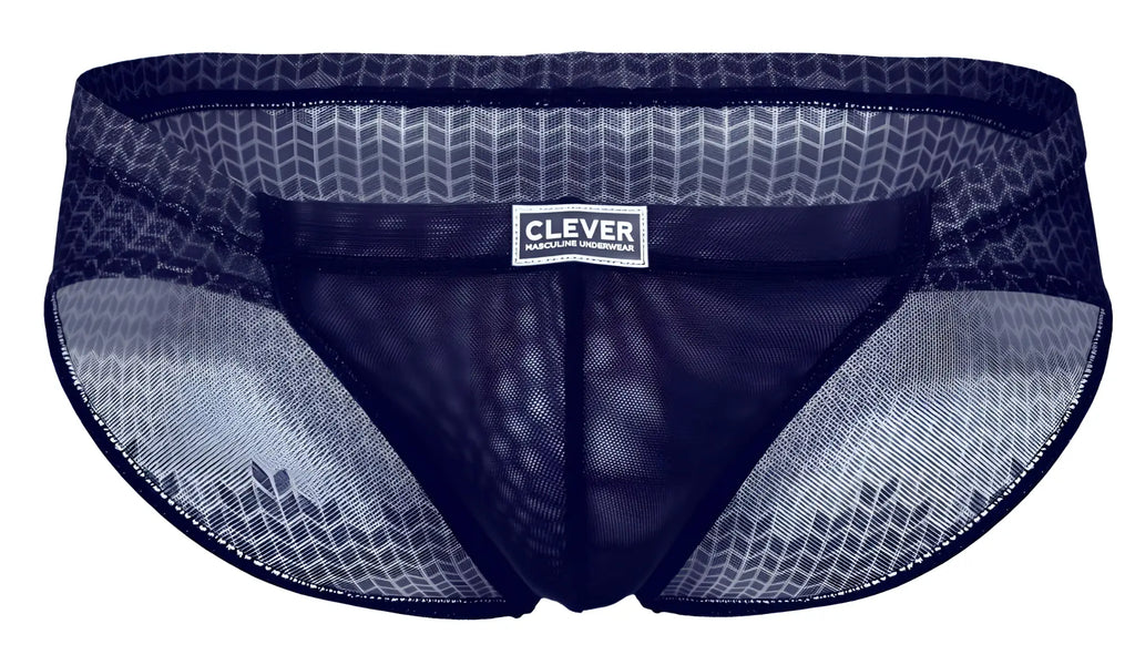 Dark blue mesh men’s underwear with subtle geometric pattern and branded label clever male underwear briefs