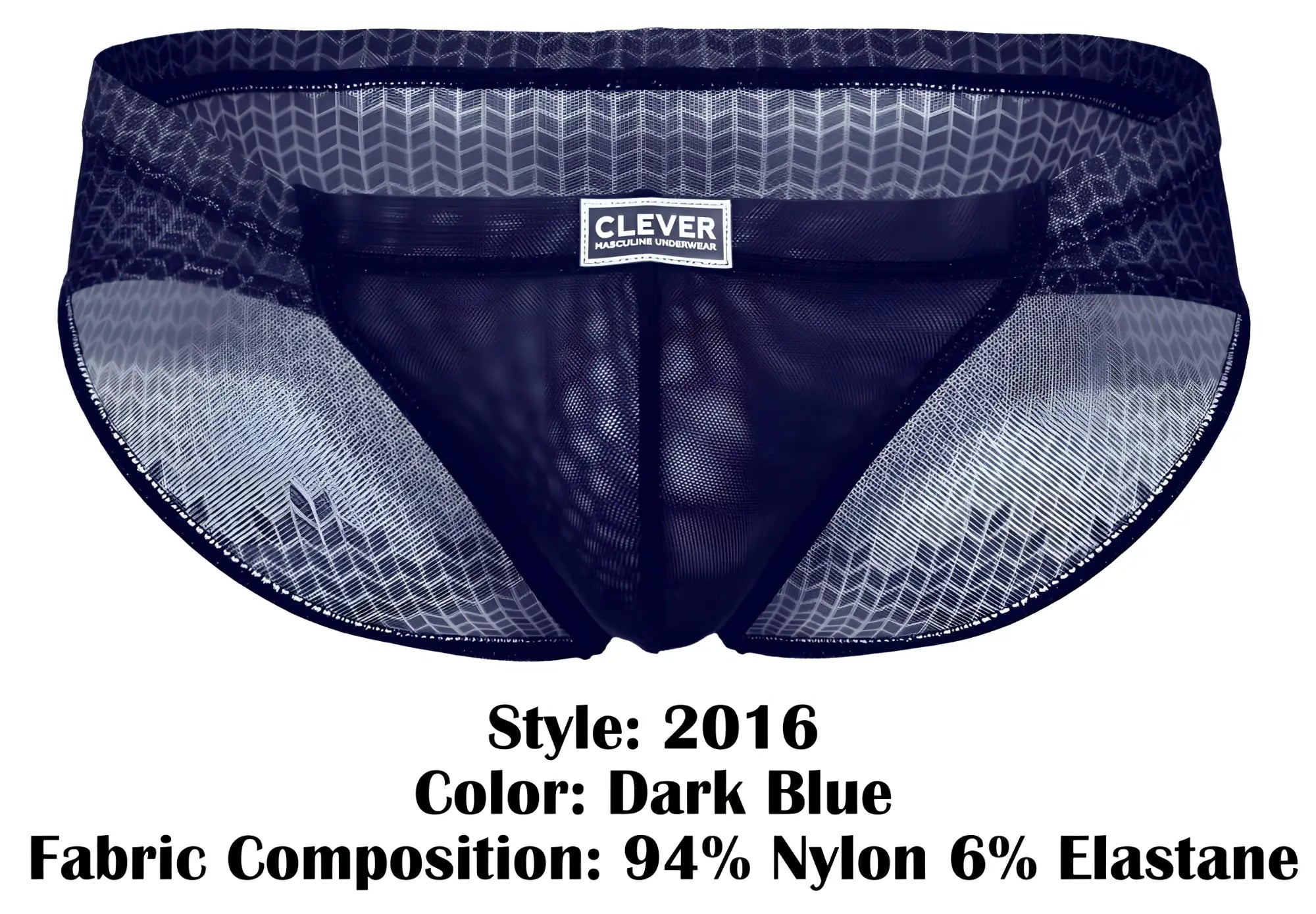 Dark blue mesh Clever 2016 Mosaico briefs with subtle geometric pattern and branded label on front side