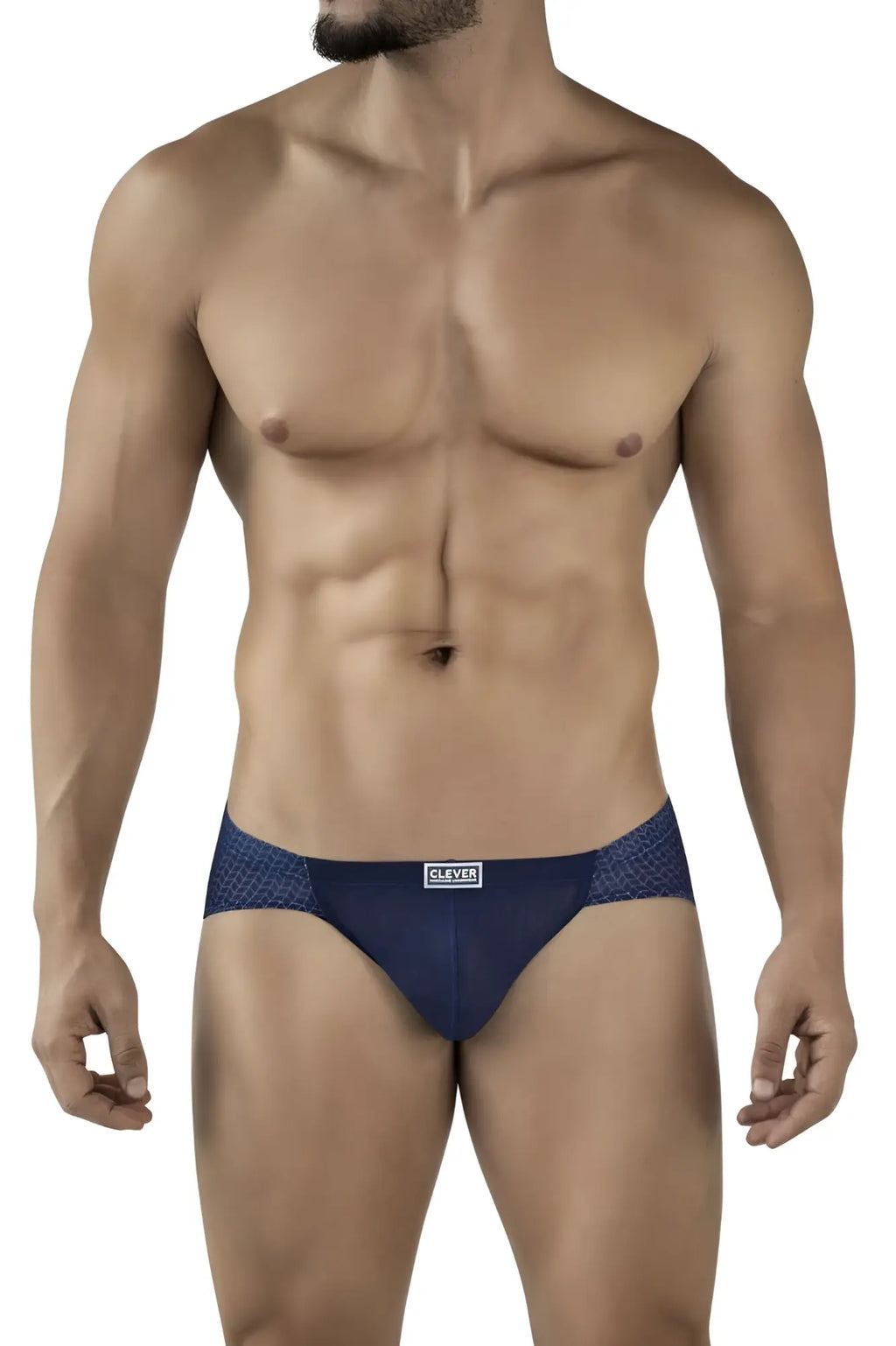 Clever 2016 mosaico briefs in dark blue with a subtle textured pattern and a white clever brand label on the front