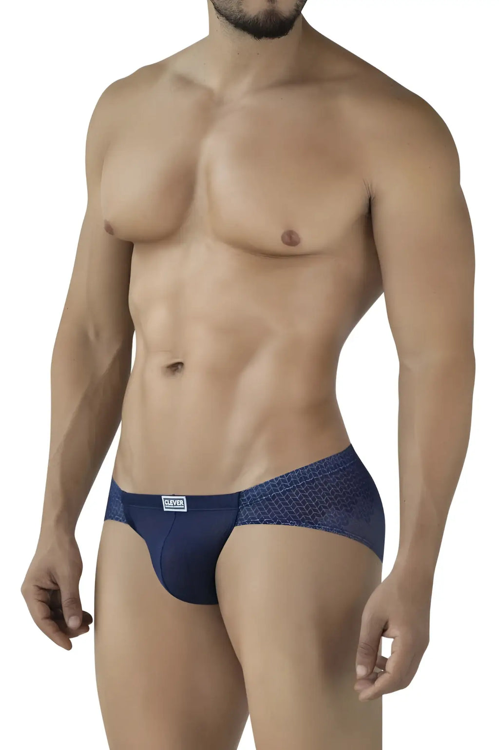 Navy blue clever 2016 mosaico briefs with textured geometric pattern and small white brand label on waistband