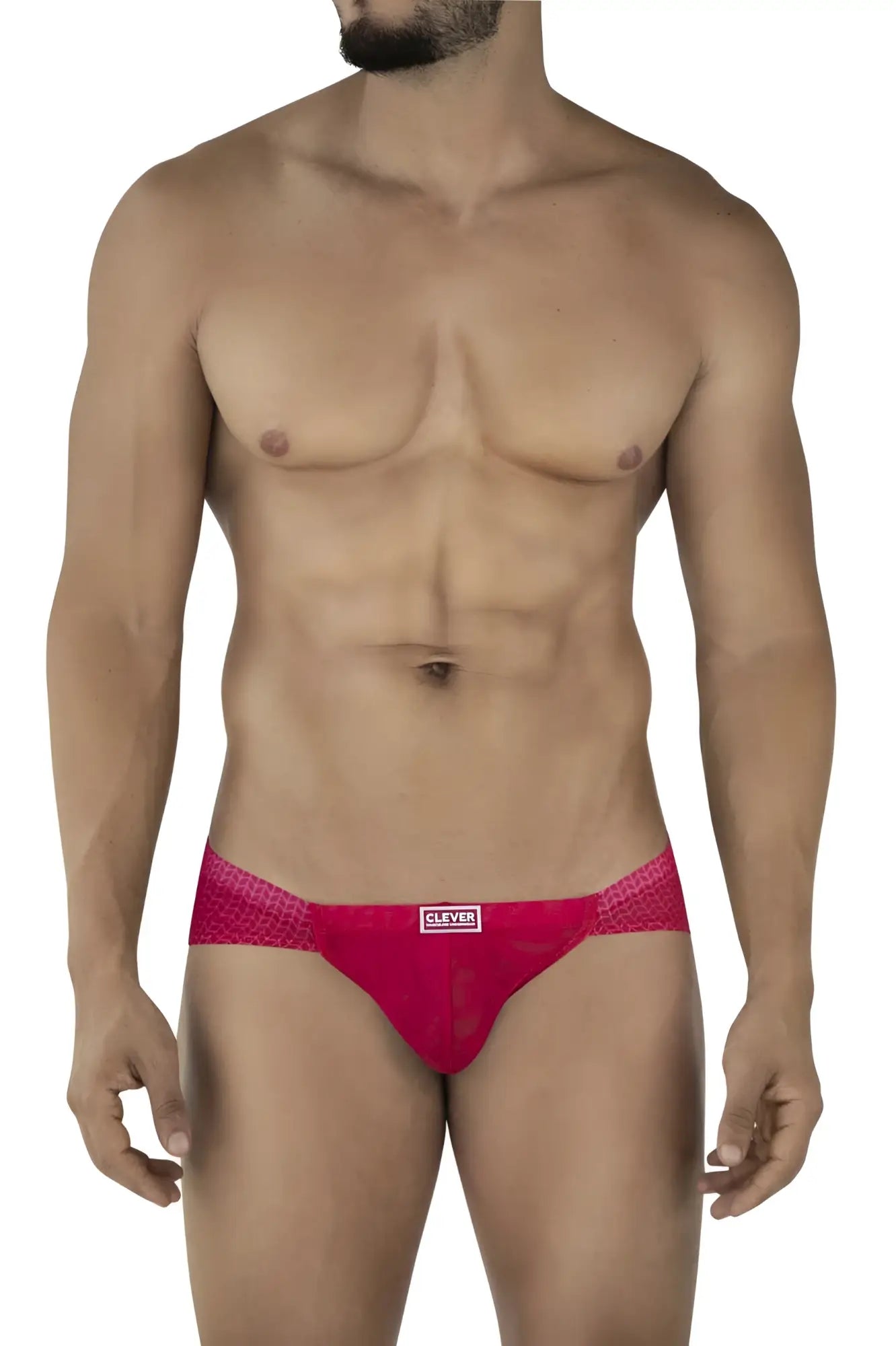 Bright pink textured fabric briefs with subtle pattern and clever brand label on waistband for everyday wear