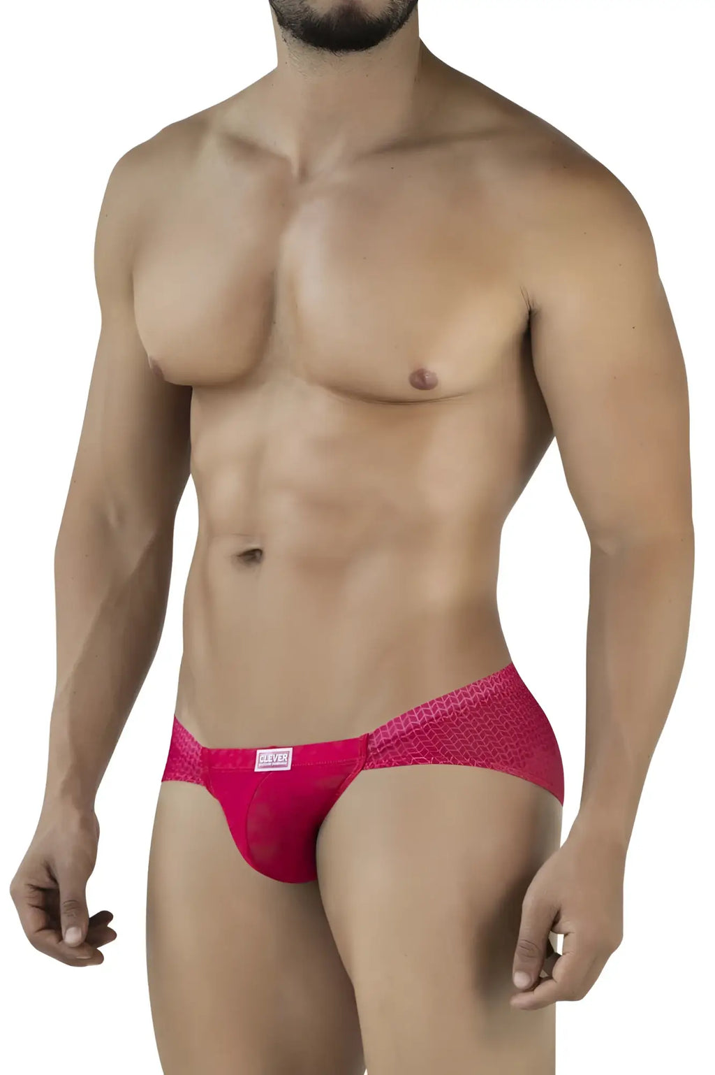 Clever 2016 mosaico briefs in bright pink textured mesh with subtle pattern and white brand tag at waistband