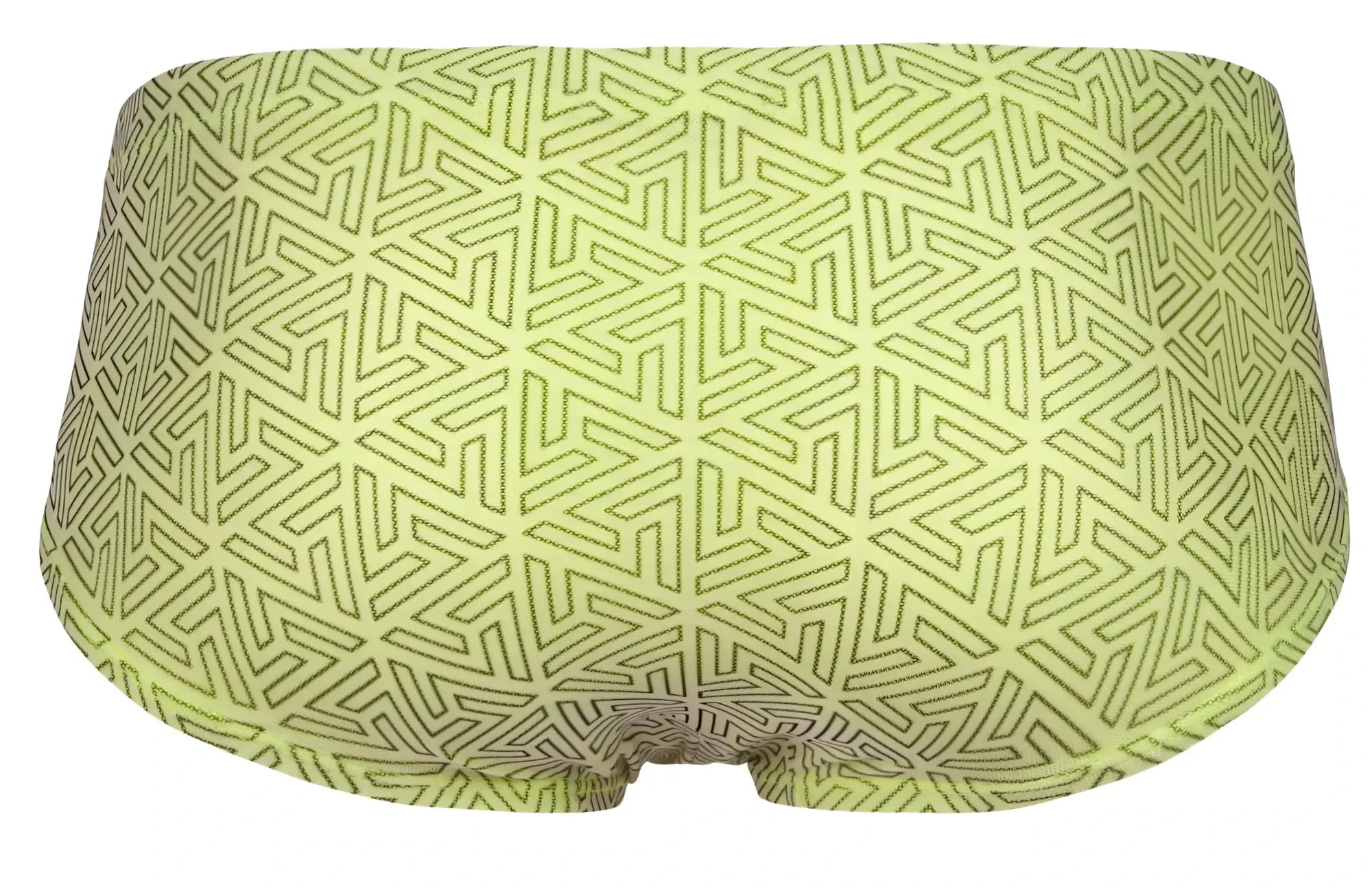 Lime green clever 2017 neon briefs with dark olive geometric interlocking triangle pattern on smooth fabric