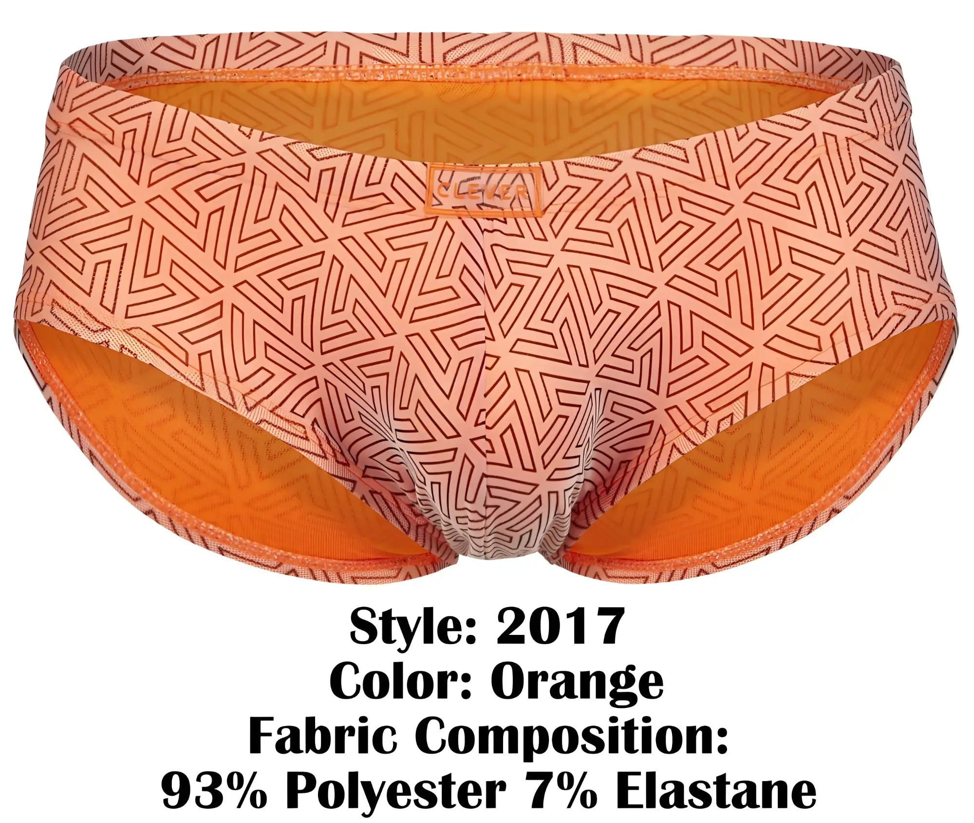 Orange patterned briefs with geometric design and orange lining made of 93 polyester and 7 elastane from clever 2017
