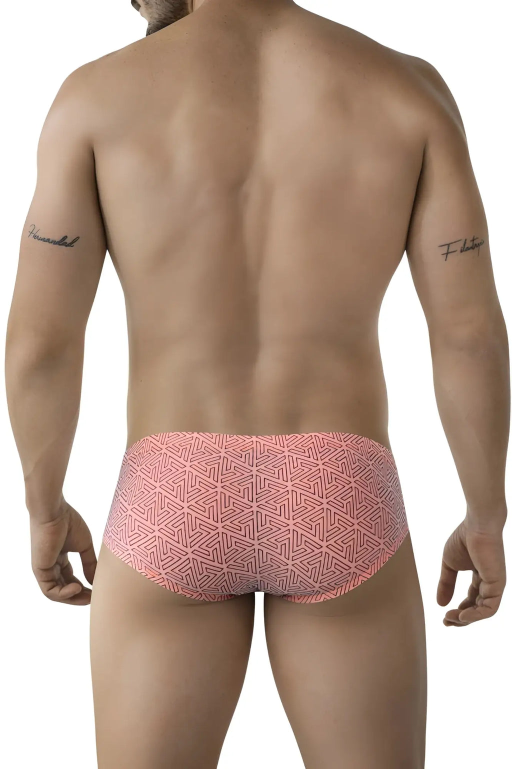 Pink patterned swim trunks with geometric design in clever 2017 neon briefs color orange for swimming and beachwear