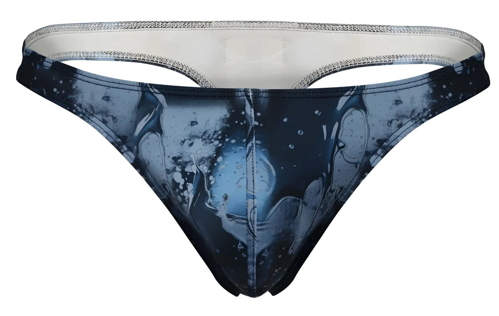 Blue and black abstract splash-patterned clever 2020 galia men’s thong with silver-trimmed waistband in dark blue