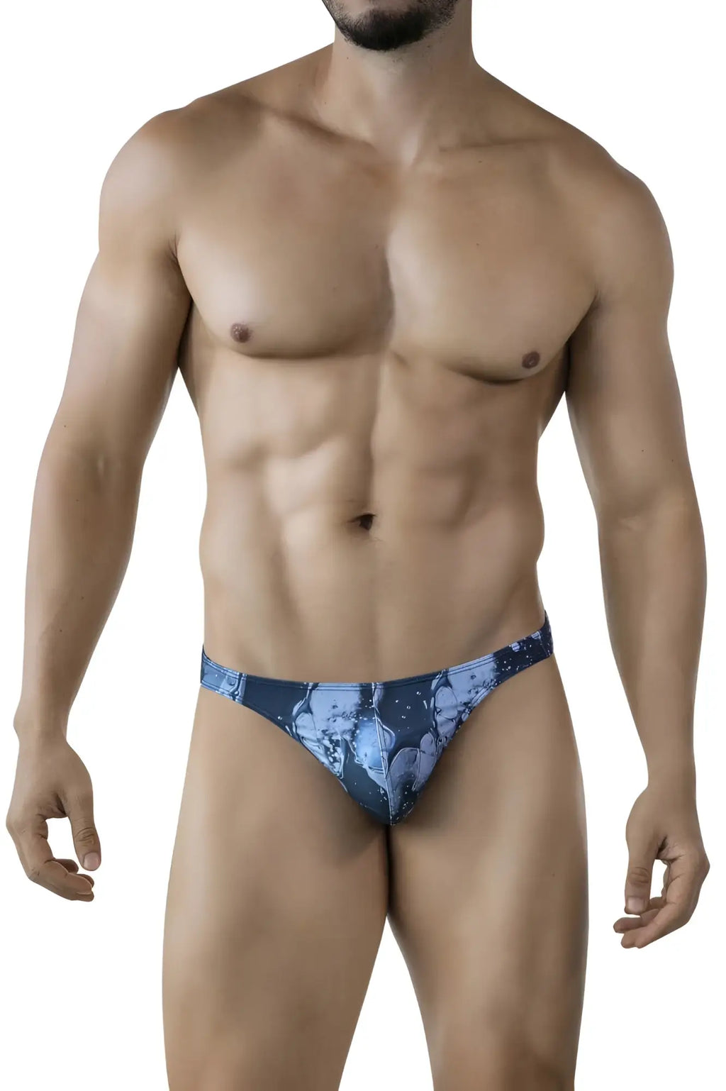 Dark blue clever 2020 galia thongs men’s briefs with blue graphic pattern shown from the front